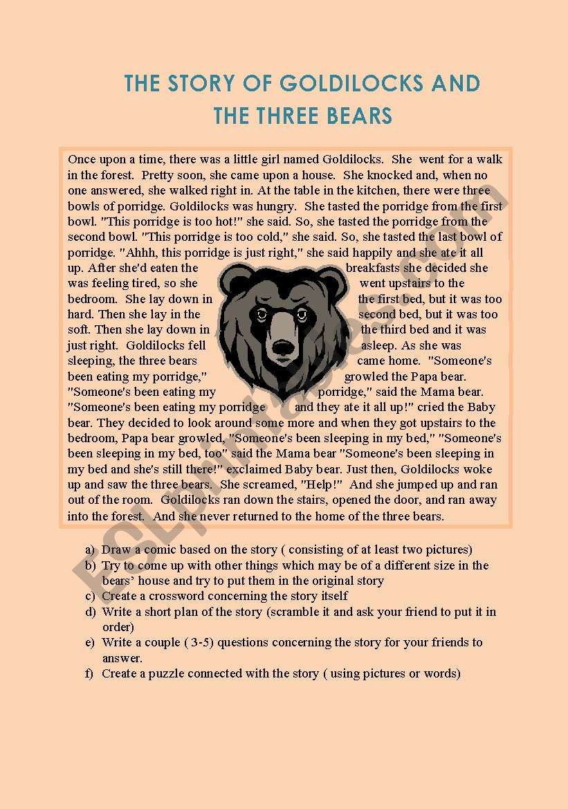 goldilocks worksheet