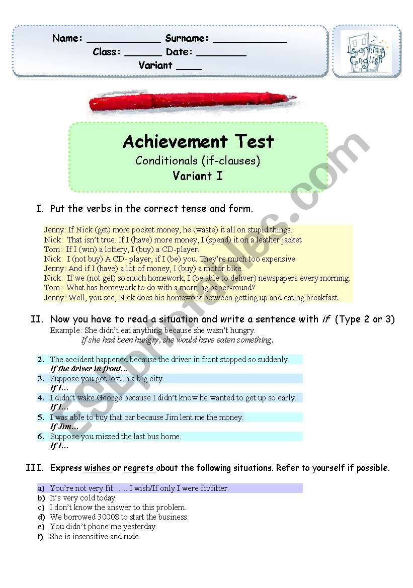 Grammar Test on CONDITIONALS     2 Variants +  Keys 