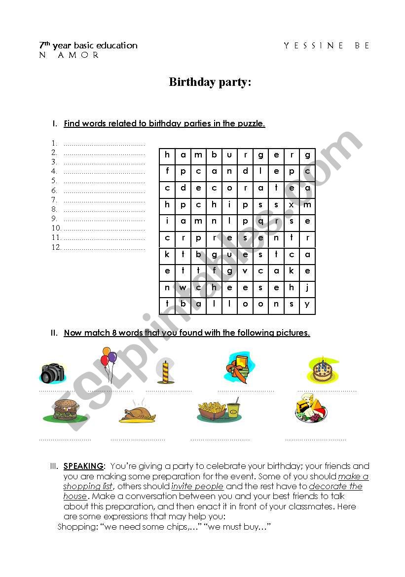 Birthday party worksheet