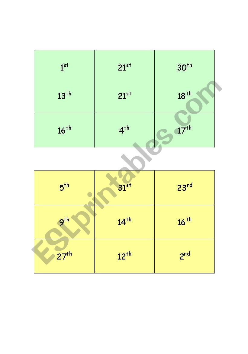 Ordinal numbers bingo up to 31st for dates