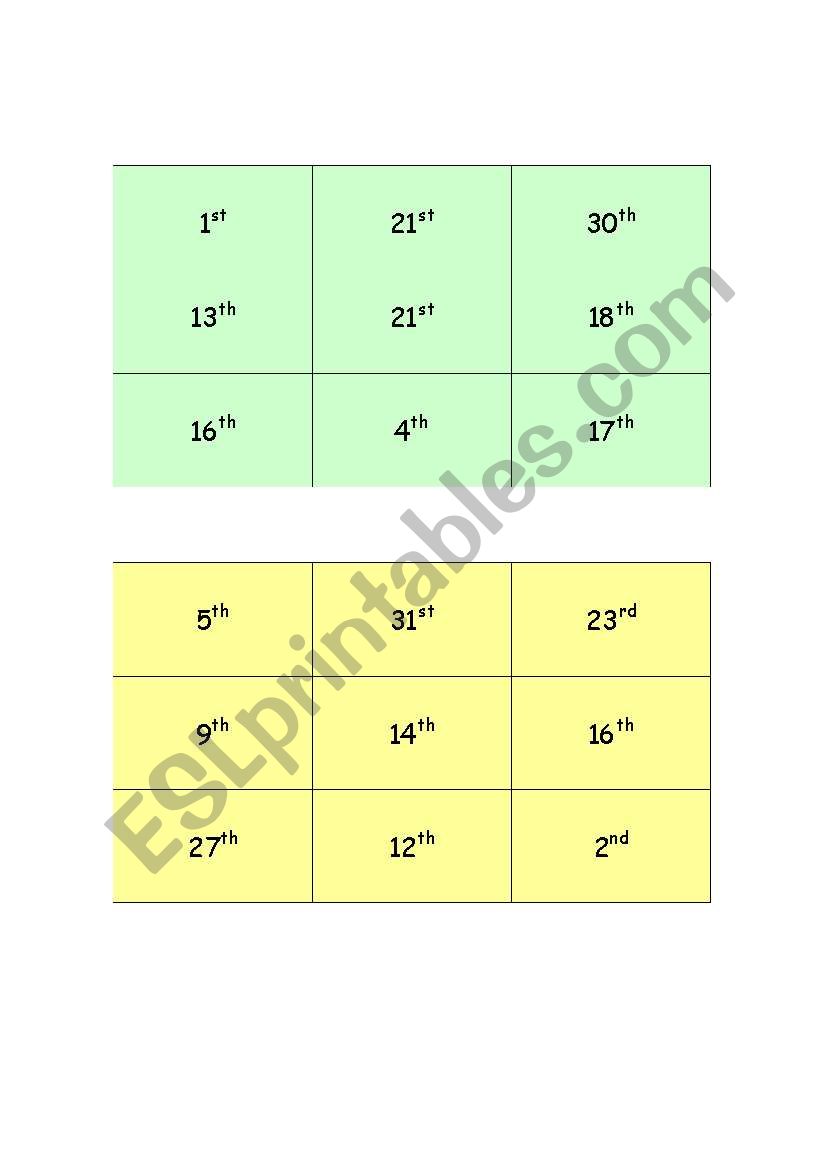 Ordinal numbers bingo up to 31st for dates