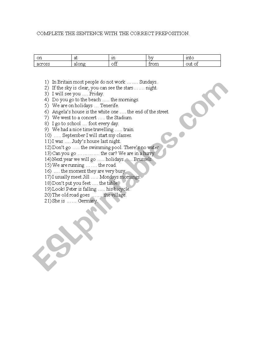 PREPOSITIONS worksheet
