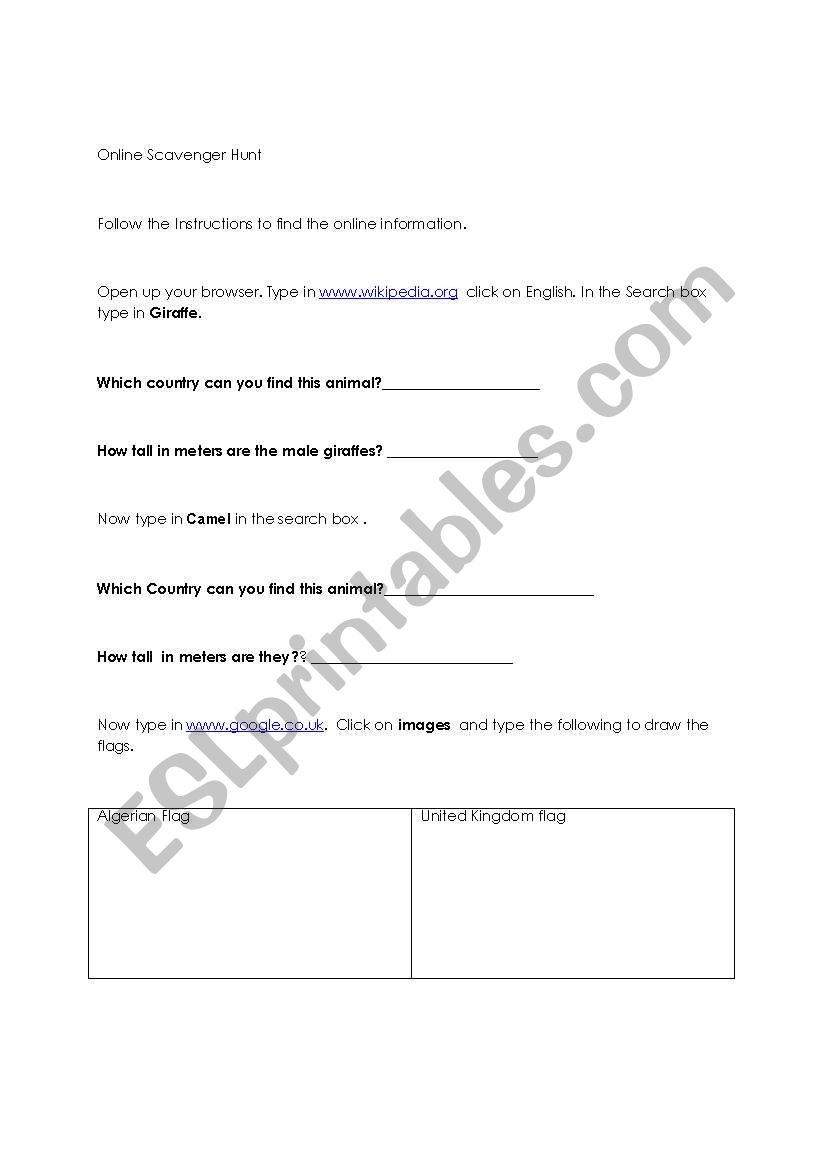 online scavenger hunt worksheet