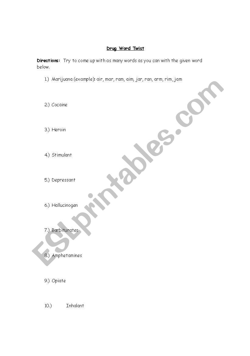 Drug Word Scramble worksheet