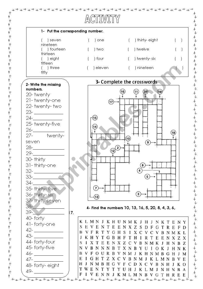 Numbers activity worksheet