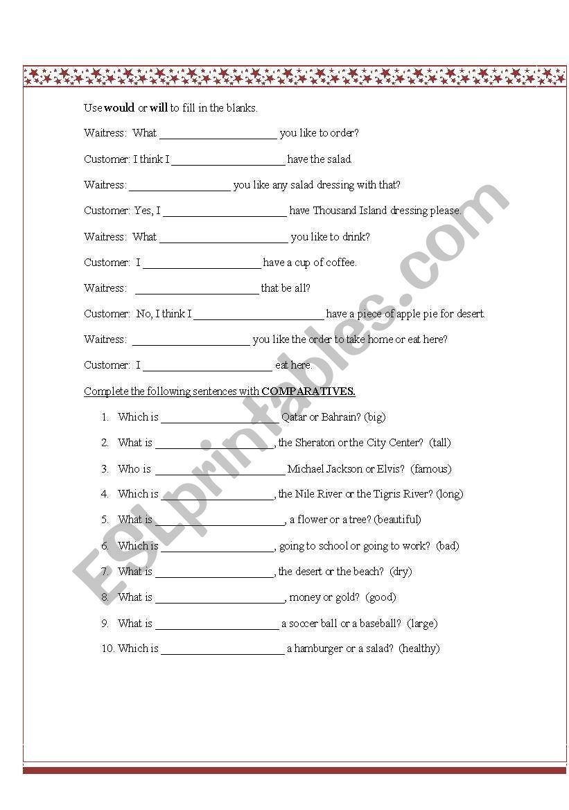would/will & superlatives worksheet