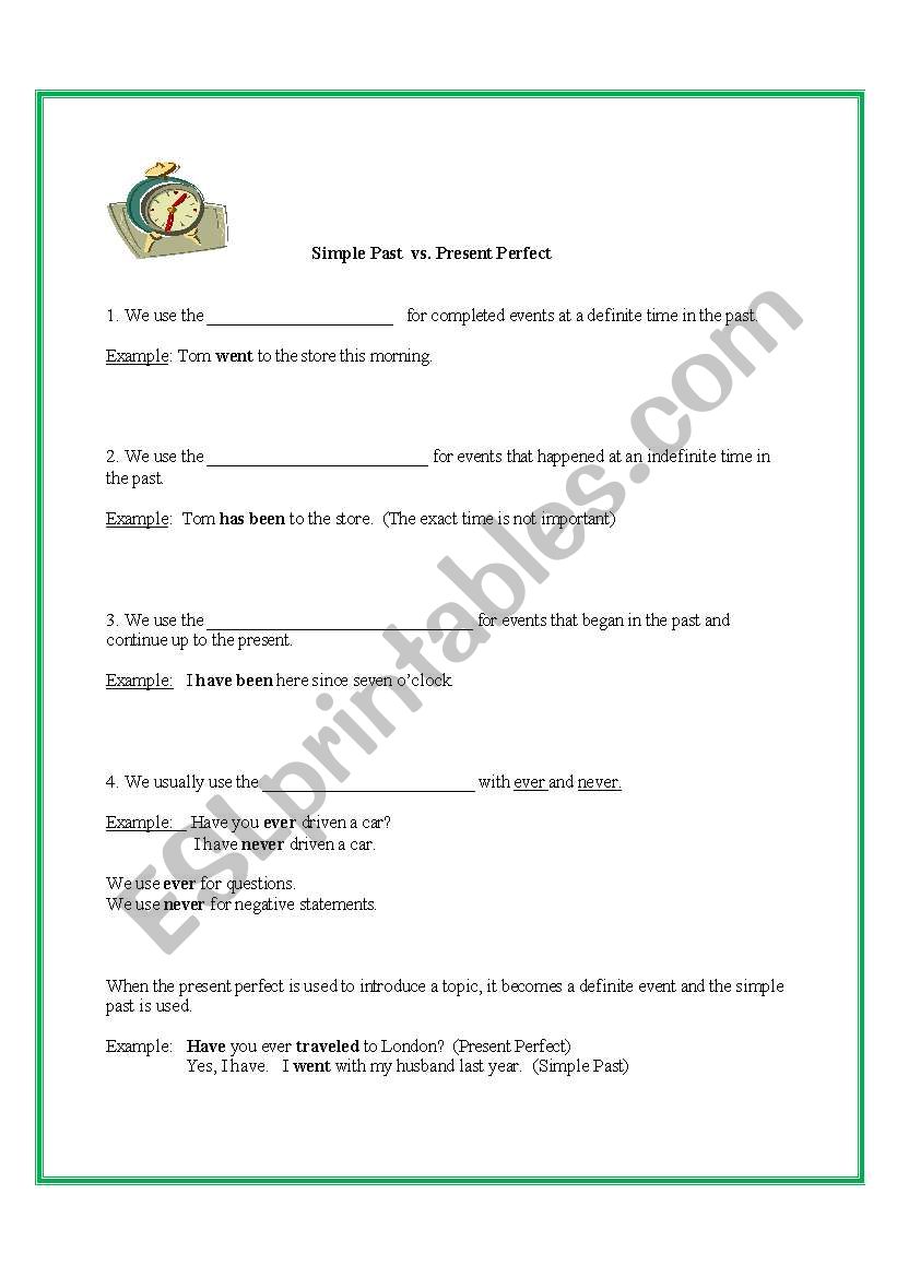 Handout for Simple Past vs Present Perfect