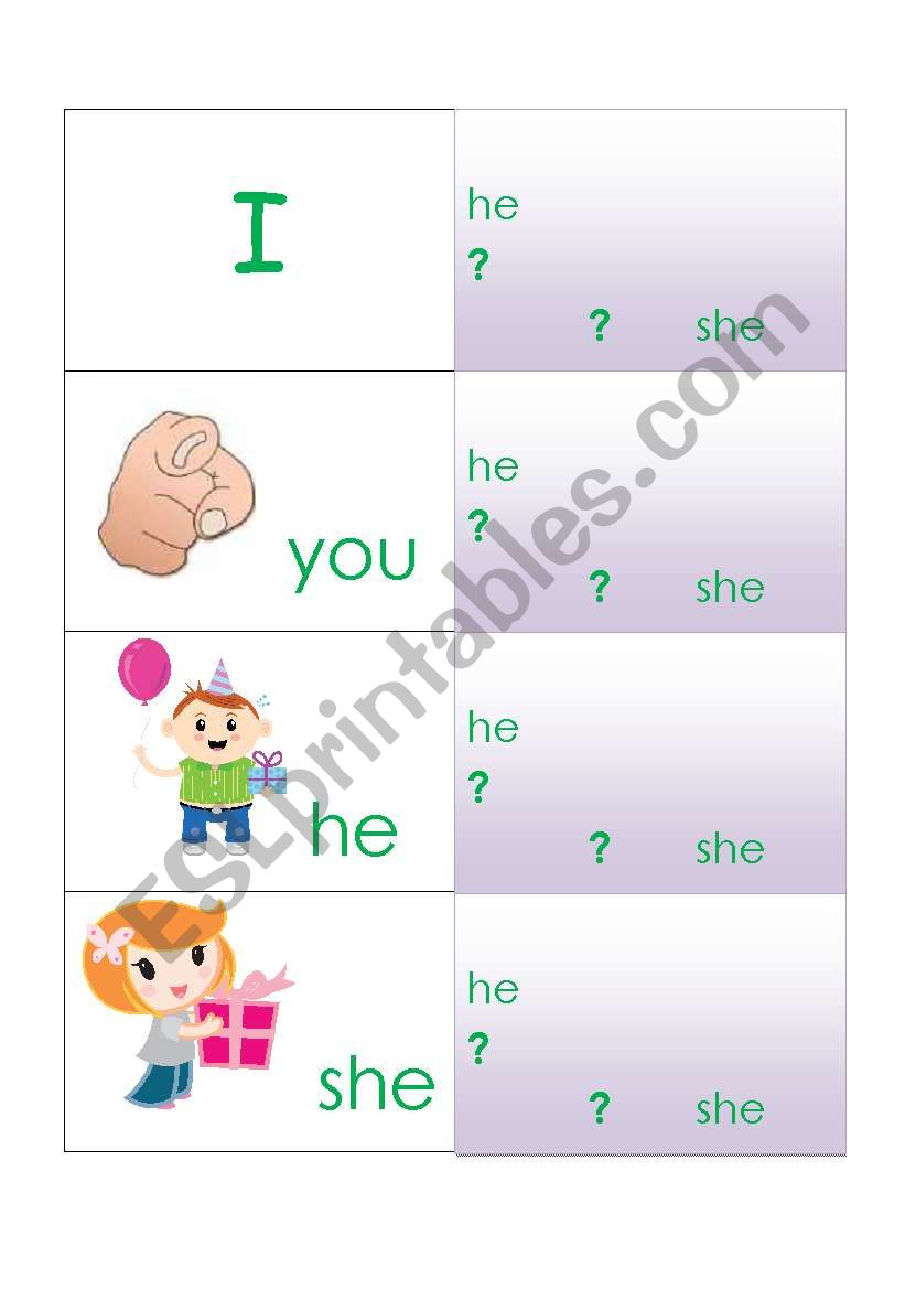 Pronoun FLashcards (with backing) for kids / YLs