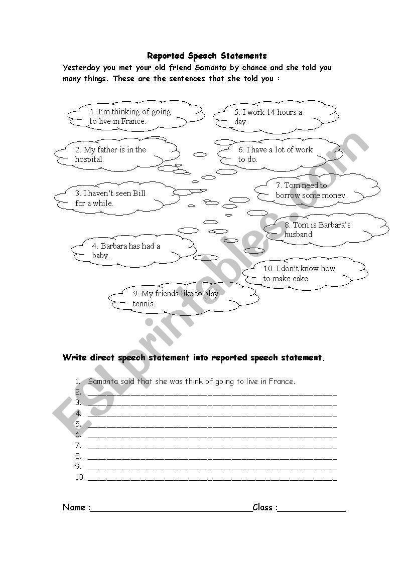 reported speech statement worksheet