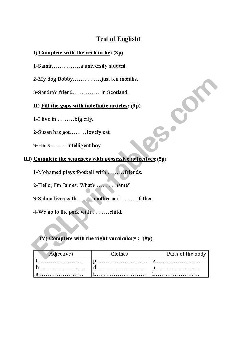 test of english 1 worksheet