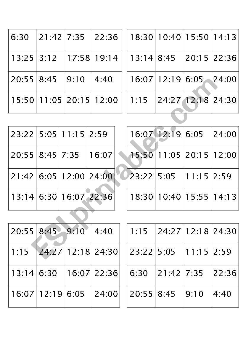 Time bingo worksheet