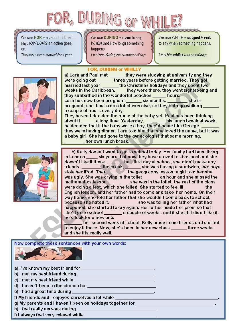 for, during or while? worksheet