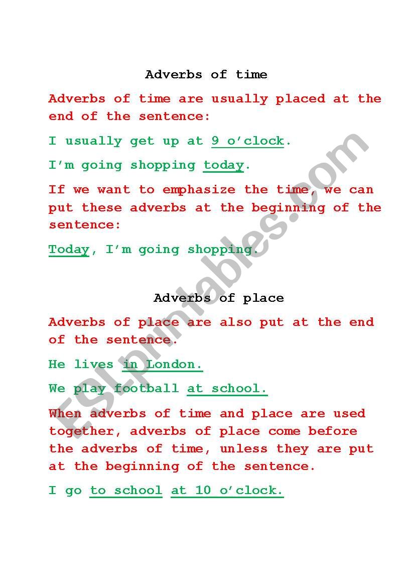 Adverbs of time and place  worksheet