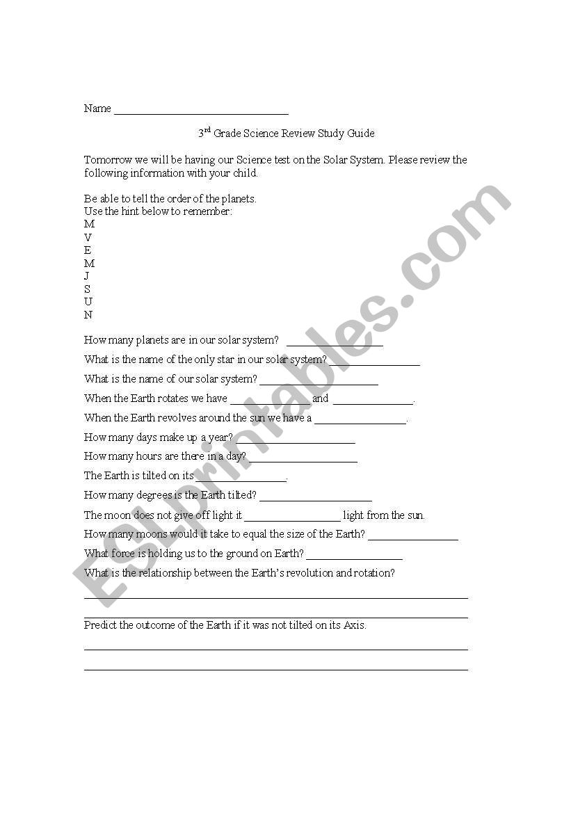 3rd Grade Space study guide worksheet