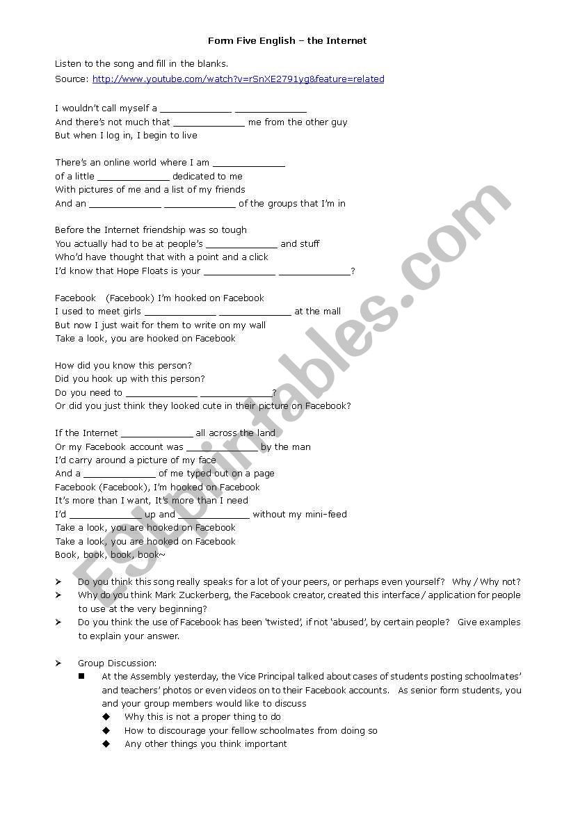 Listening - Facebook song worksheet