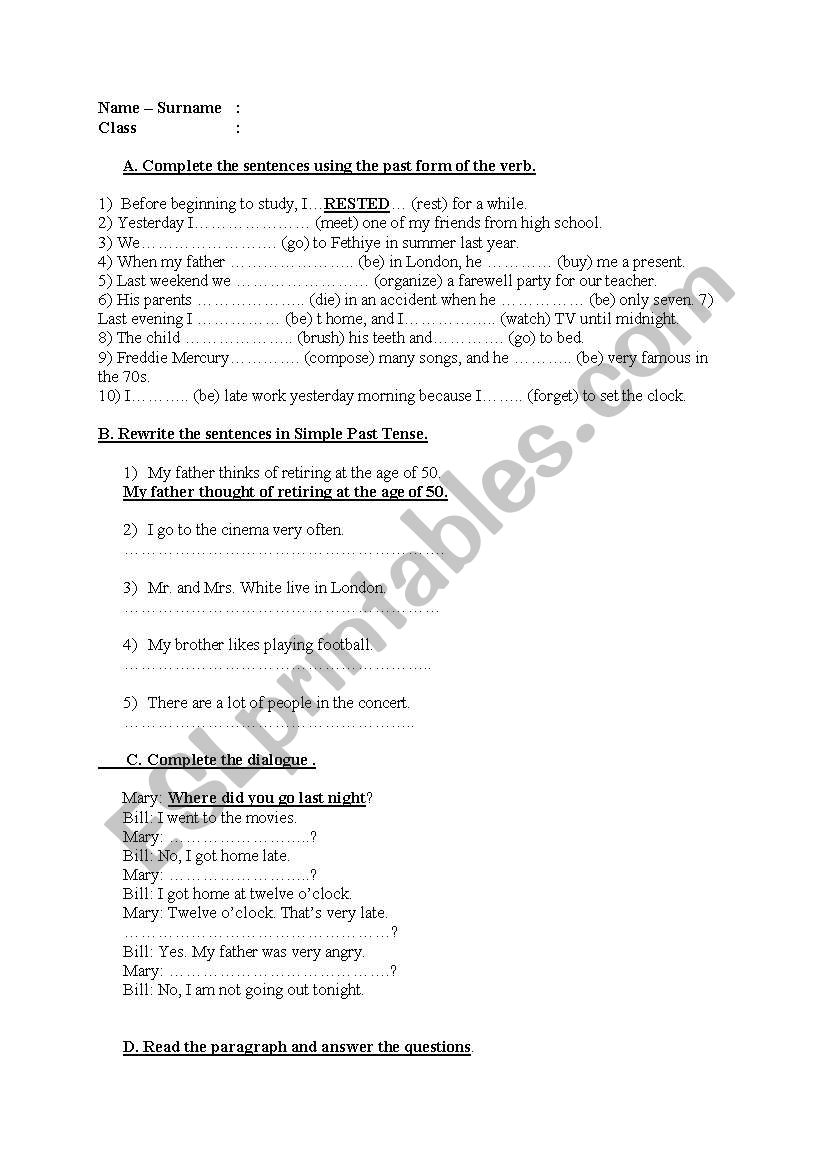 simple past tense worksheet