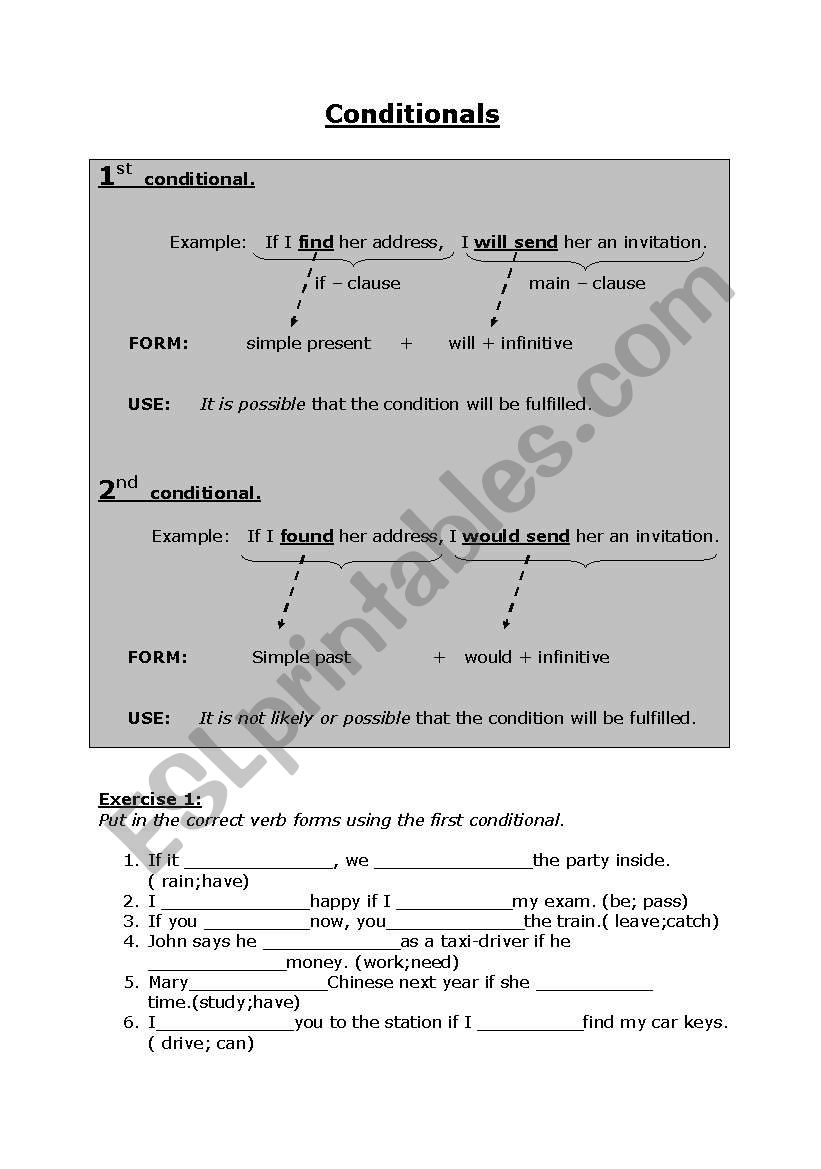 Conditionals type 1 and 2 worksheet