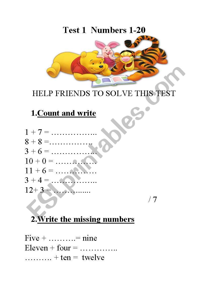 Test -Numbers 1-20 worksheet