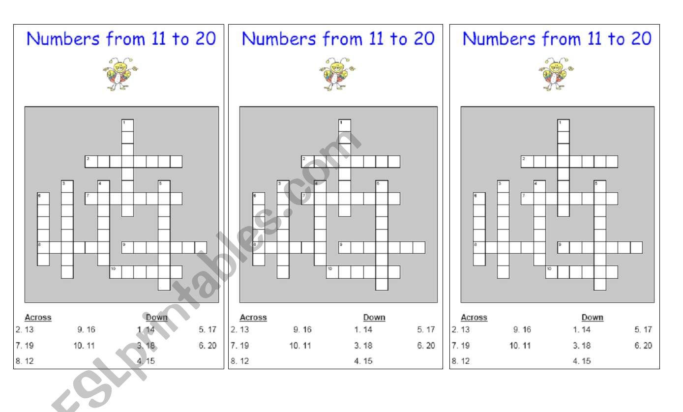 Numbers 11 to 20 crossword worksheet