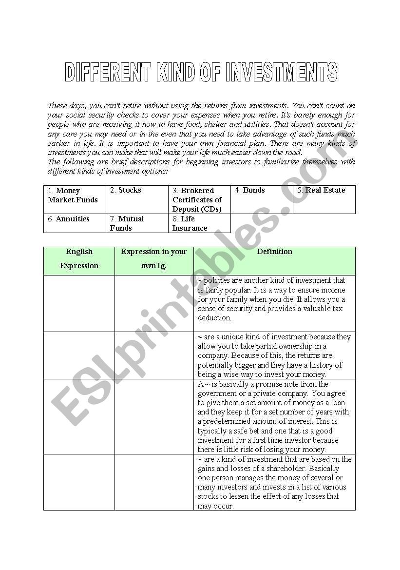 Investments worksheet