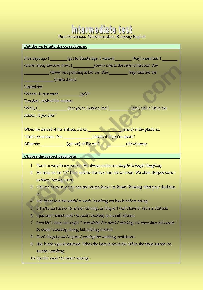 Intermediate Progress test1 worksheet