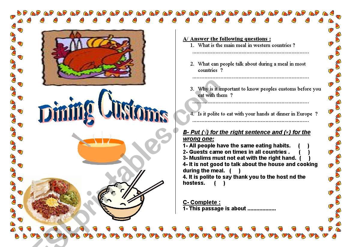 Dining Customs worksheet