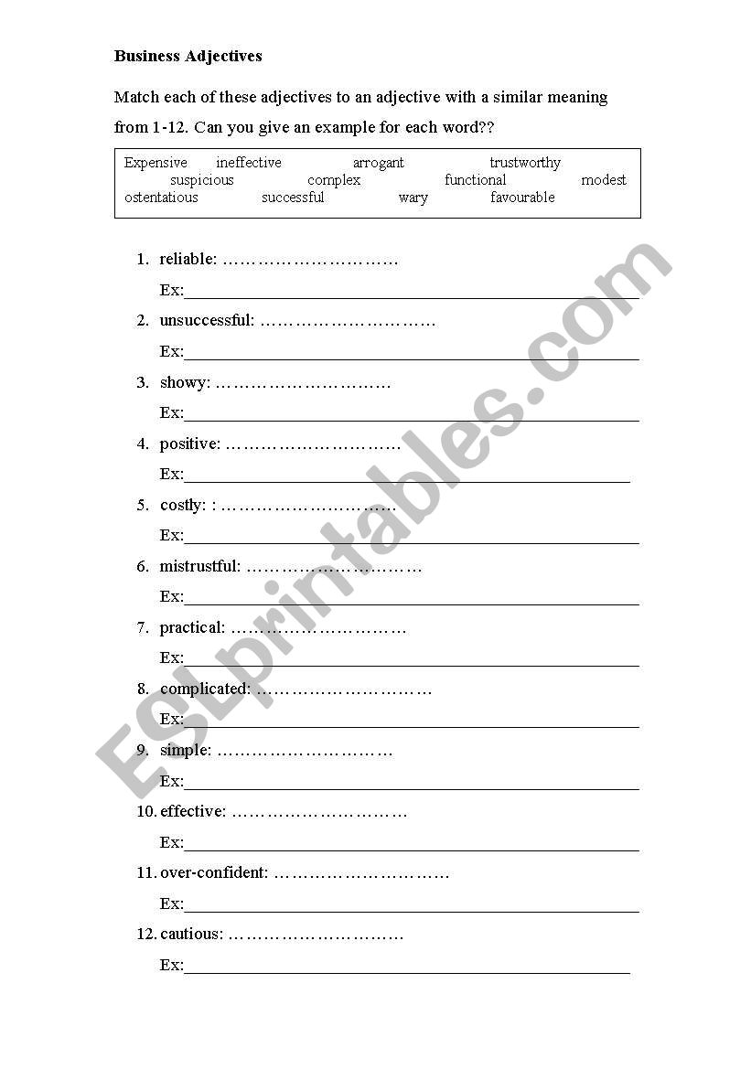 Business adjectives worksheet