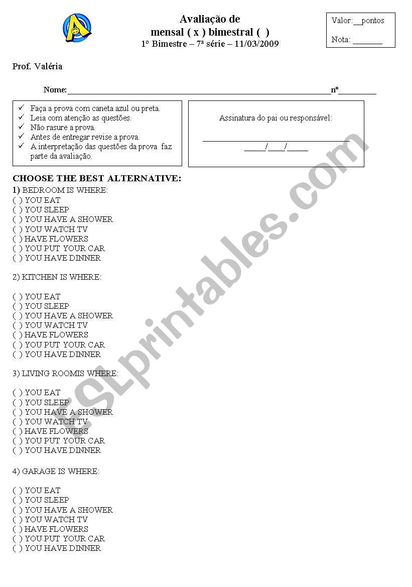 English test  7 grade worksheet