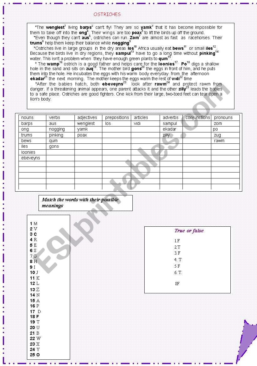 parts of speech 2 KEY worksheet