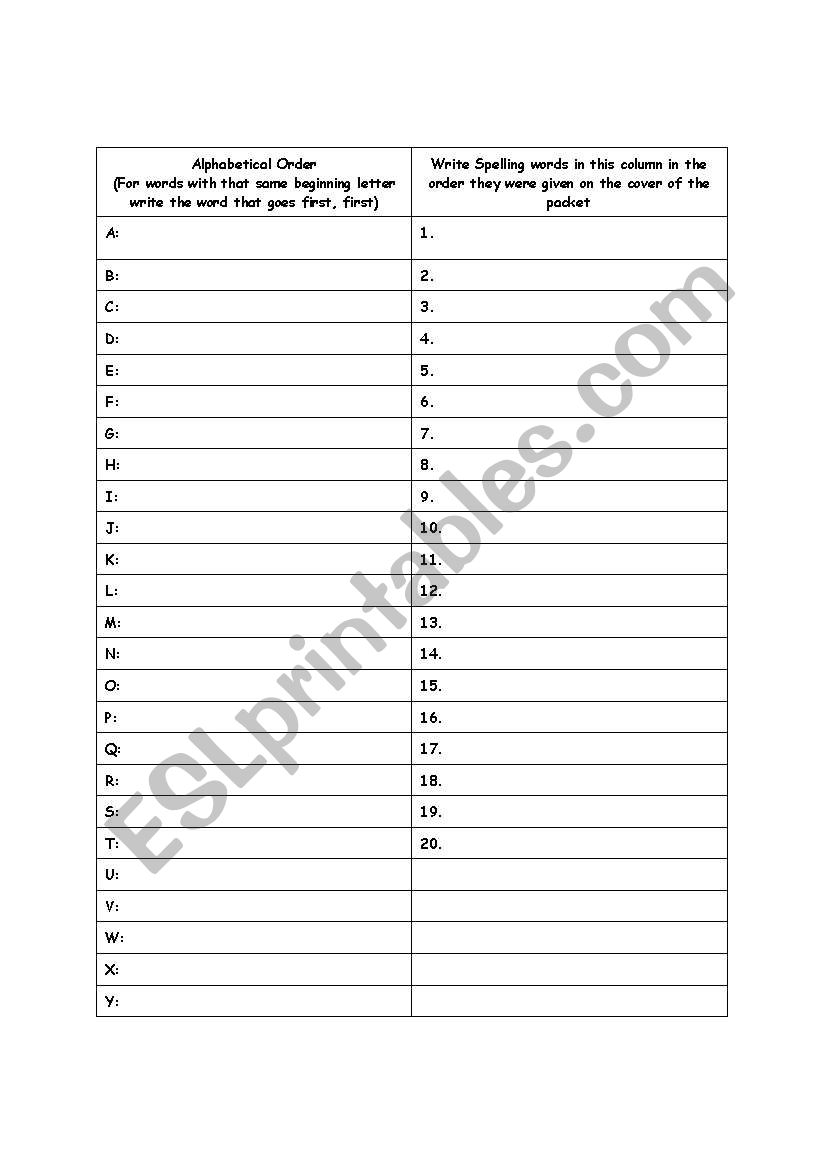 Alphabetical Order Chart worksheet