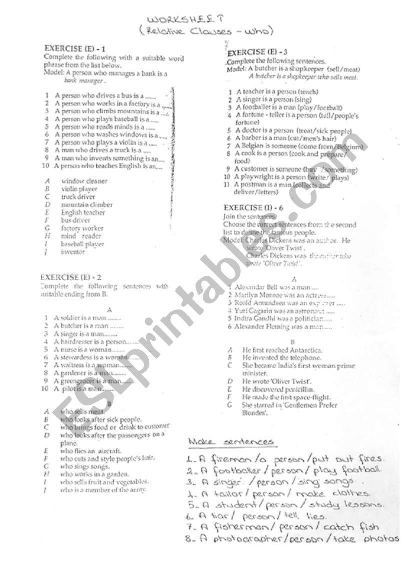 relative clauses  worksheet