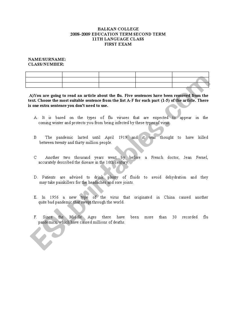 exam worksheet