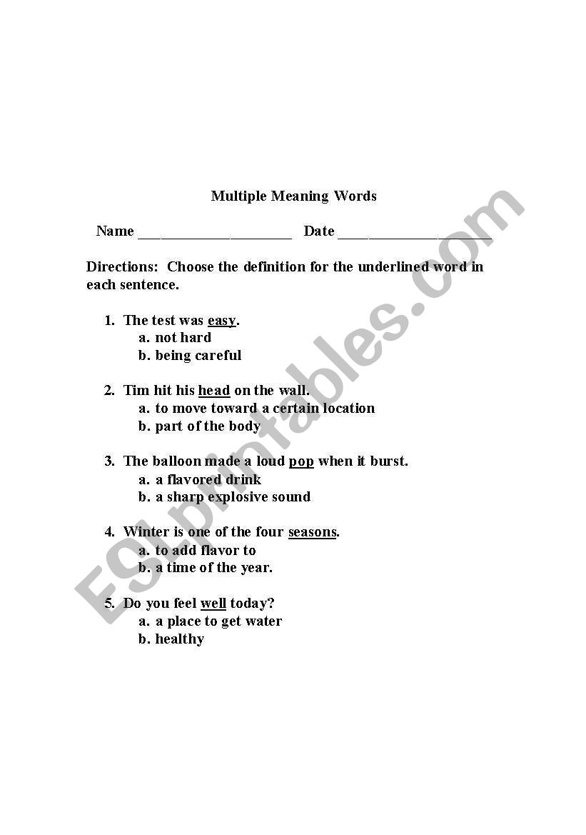 Multiple meaning words worksheet