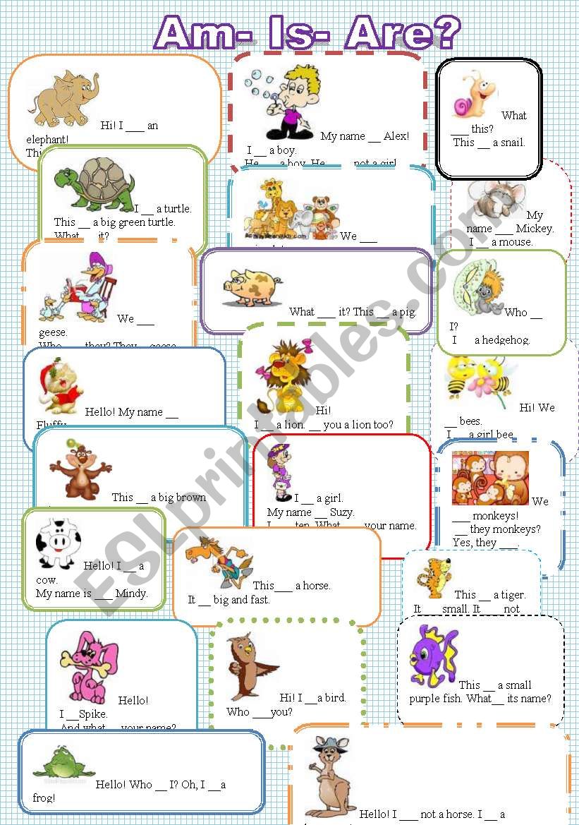 To Be : Am, Is or Are? Easy and colourful. 2 pages 