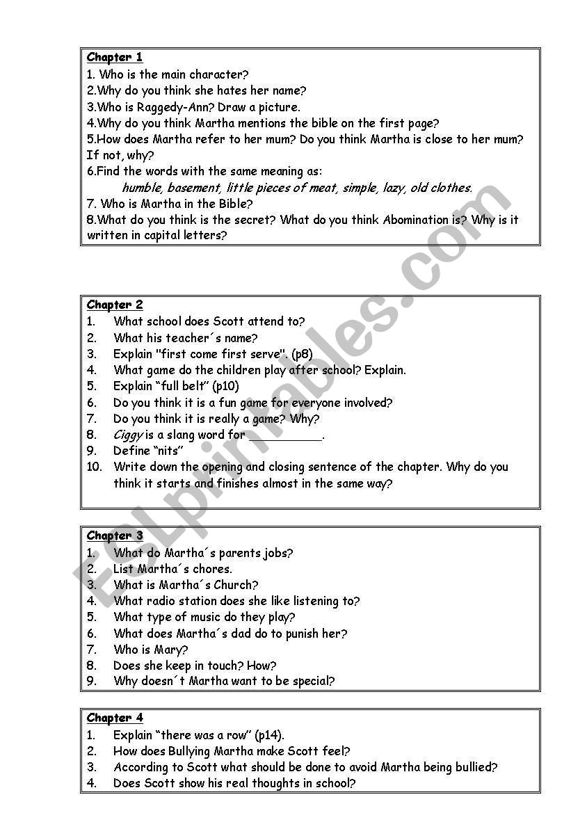 Comprenhension Questions on Abomination by Robert Swindells Chapters 1-10