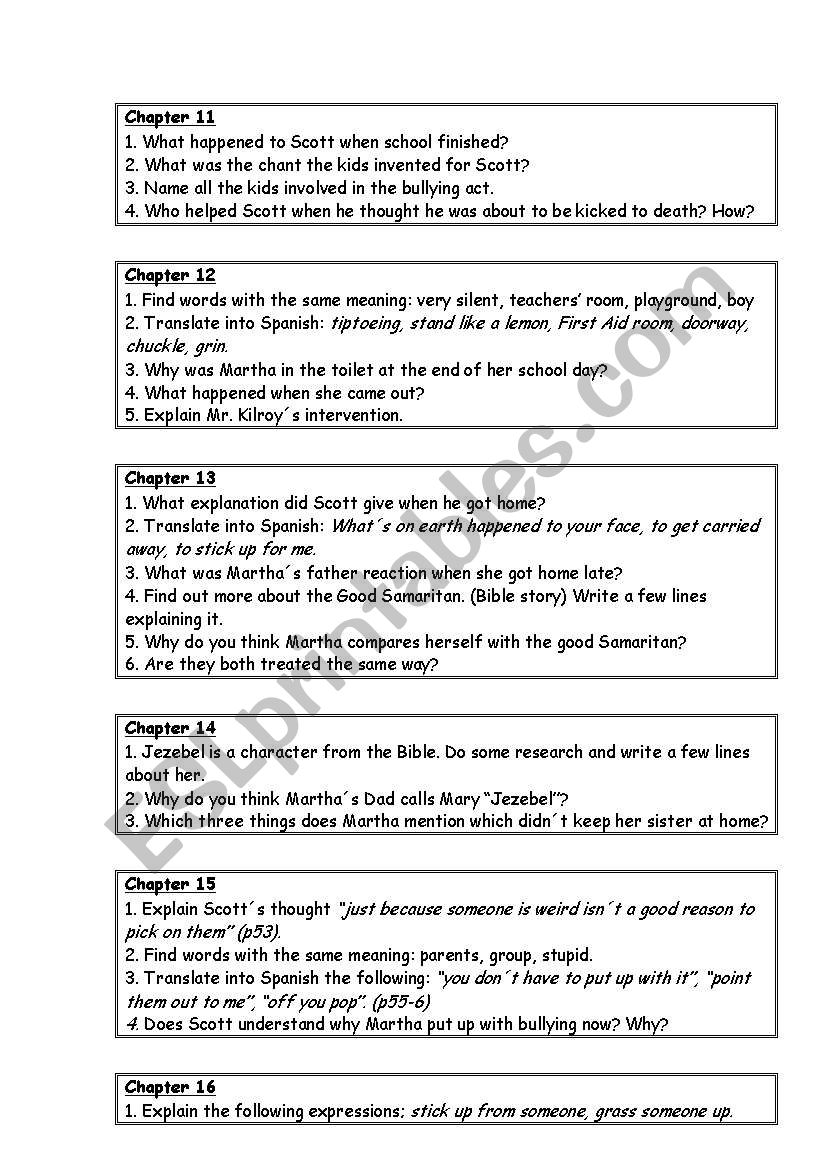 Comprenhension Questions on Abomination by Robert Swindells Chapters 11-20