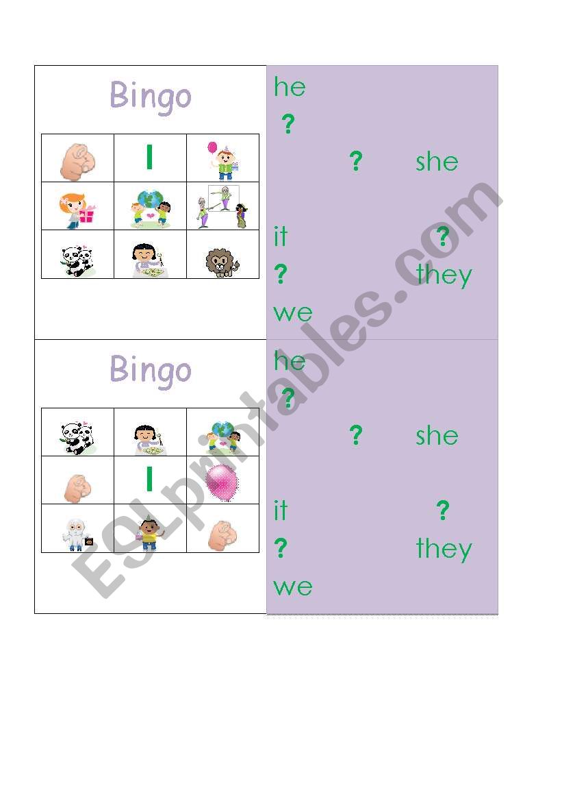 Personal Pronoun Bingo (cards 1-2 of 4) with backing for YLs