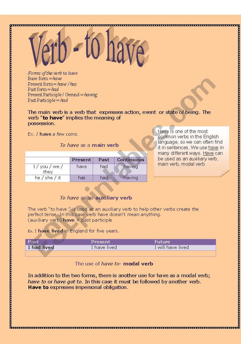 The verb- to have worksheet