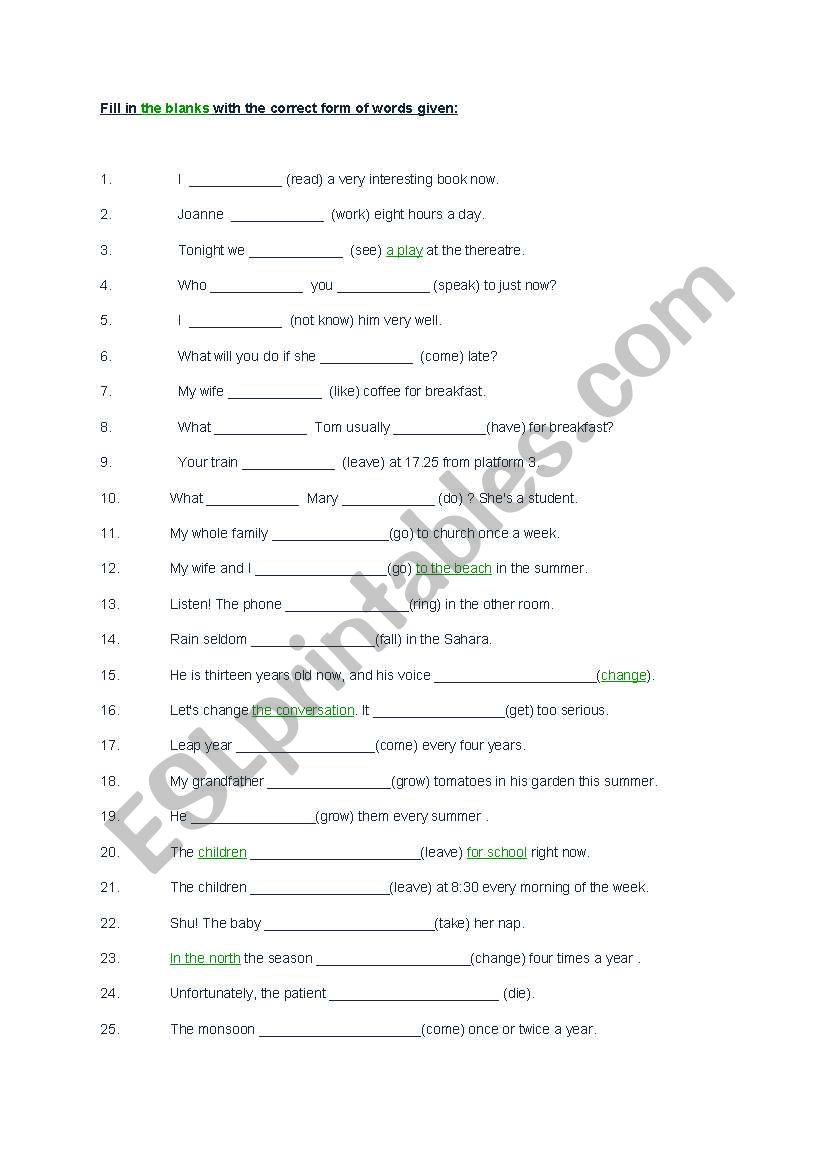 present simple tense test worksheet