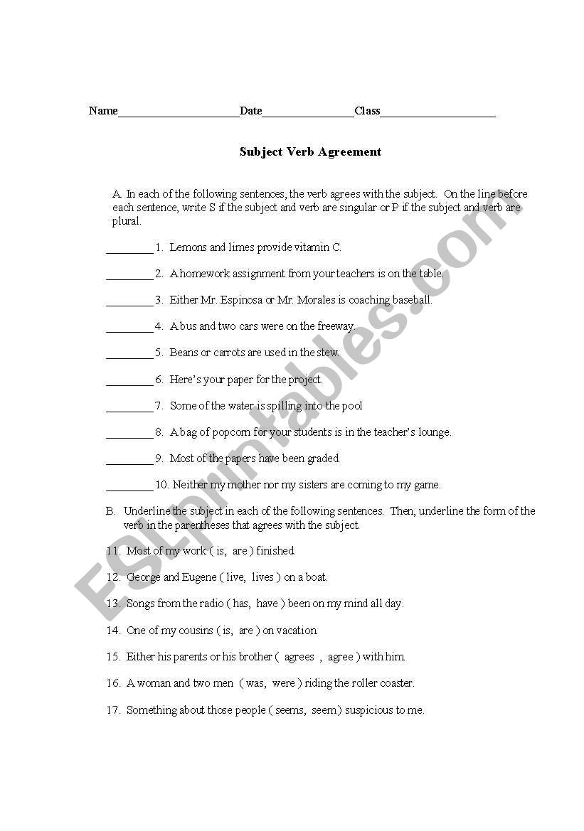 Subject Verb Agreement Test worksheet