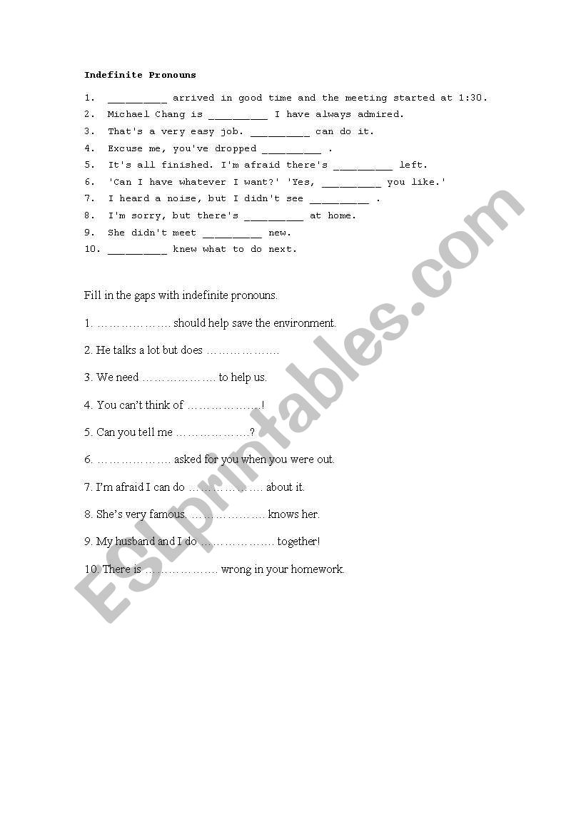 indefinite worksheet