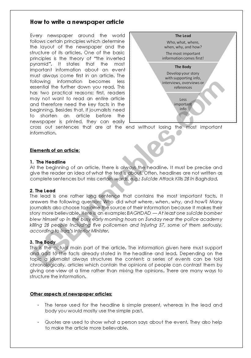 How to write a newspaper article - ESL worksheet by bionicboy