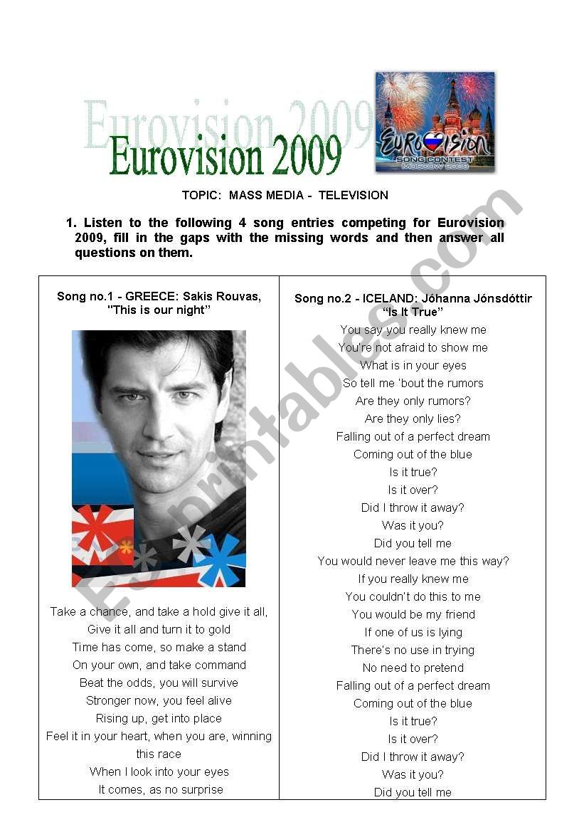 Solutions / answer sheet  on Eurovision 2009 printable
