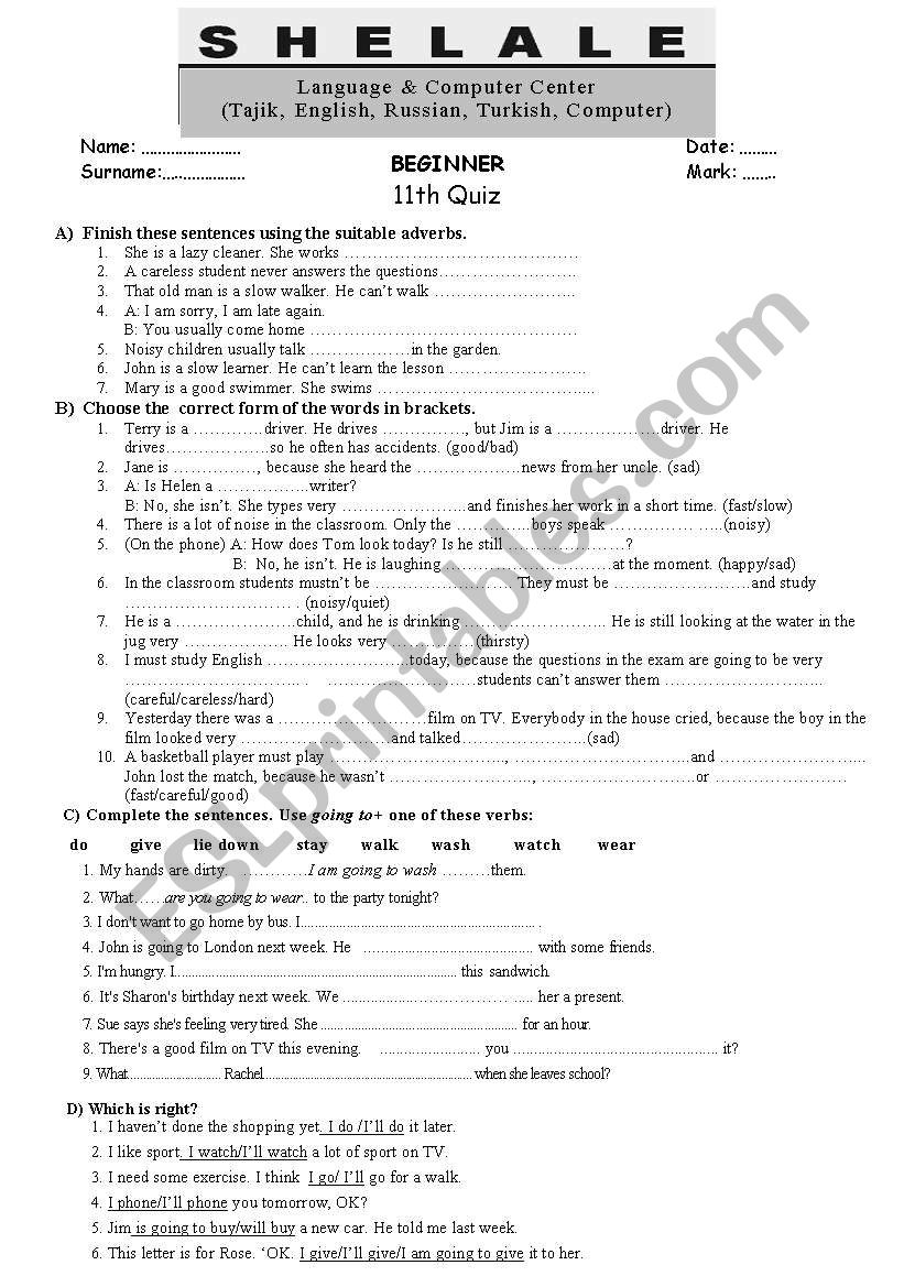 Beginner test worksheet