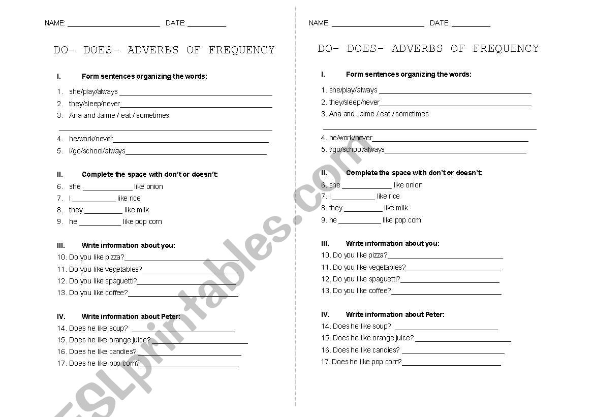 DO - DOES- FREQUENCY ADVERBS worksheet