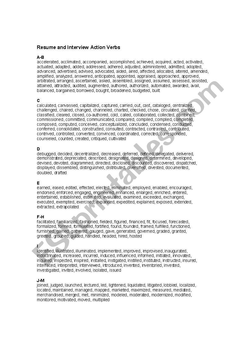 Action Verb list - Occupational Verbs