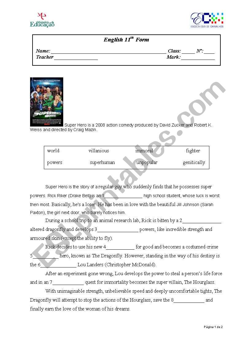 worksheet on the movies super hero and Harold and Kumar