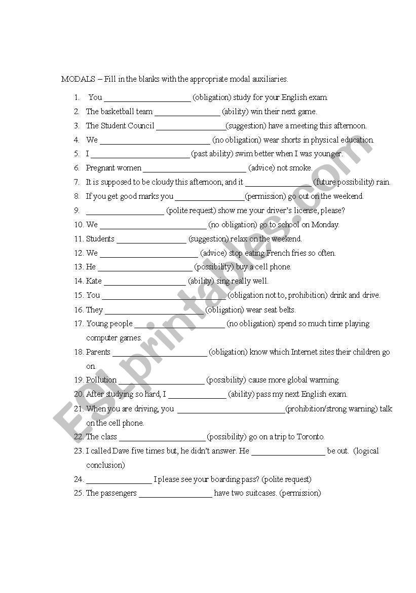 Modal exercise worksheet