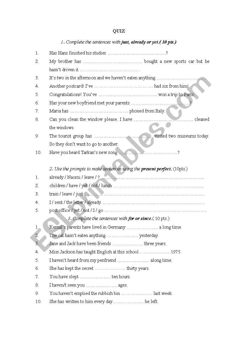 Present Perfect quiz worksheet