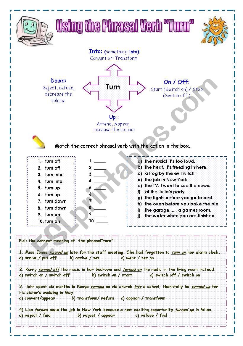 Phrasal Verb - Turn (2 pages) with Description activity!